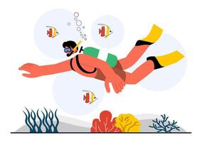 Illustration of a Diver Exploring the Ocean with Scuba Gear and Colorful Coral Reefs vector