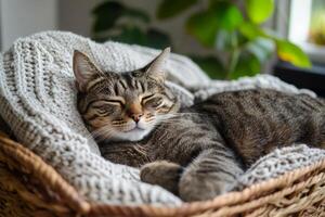 Cat napping in a basket with a soft knitted blanket photo