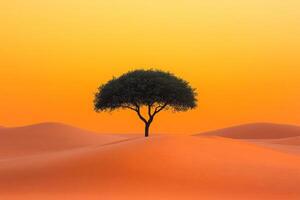 Tree standing in desert with orange sky photo