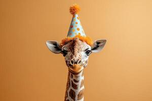 Giraffe wearing party hat with a pom pom photo