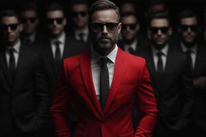 Man in red suit stands in front of a group of people in black photo