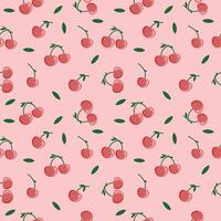 Seamless pattern of cherry motif with leaves and stems on pink background illustration. Suitable for printing on wrapping paper and fabric. vector