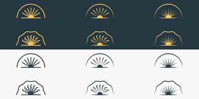 Abstract sunrise or sunset logos in different color variations with geometric radial rays of sunburst. vector