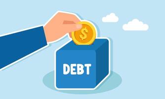 A hand inserts a dollar coin into a box labeled DEBT, illustration of paying off debt vector