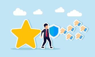 Businessman holds a shield to protect the star behind him from multiple dislike icons, illustration of insurance in maintaining product quality or business performance vector