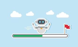 AI robot moves forward on a loading bar to reach the finish at a flagpole, illustration of business performance progress assisted by AI vector