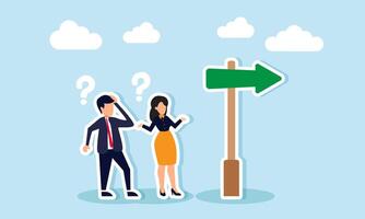 A businessman and businesswoman look confused with question marks appearing above a blank signpost, illustration of losing direction or lacking guidelines to complete a project vector