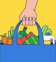 A hand holding grocery bag filled with vegetables illustration vector
