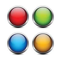 Colored buttons with chrome frame. Round glass shiny 3d icons. vector