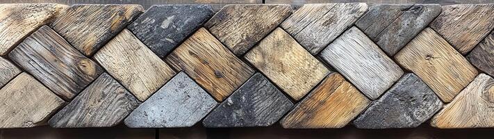 A rustic chevron pattern composed of aged wood planks, each showcasing distinct colors, grains, and weathered textures photo