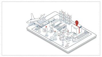 Smart global logistics network integrating multimodal transportation services air, road, and maritime with IoT technology to enable efficient worldwide cargo delivery and instant order fulfillment. vector