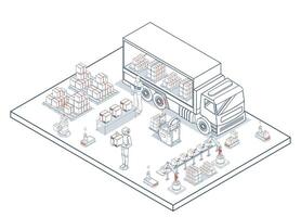 Smart warehouse automation integrates robotic systems and AGVs with sensors and AI to streamline material handling, navigation, and transport operations. vector