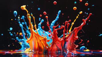 Colorful paint splashes on a black background photo