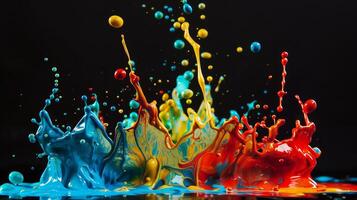 Colorful paint splashes on a black background photo