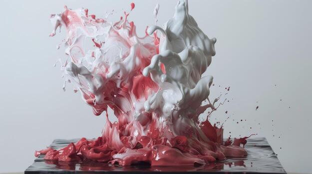 A red and white liquid splashing on a black surface photo