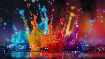Colorful paint splashes on a black background photo