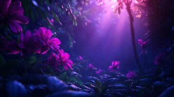 Vibrant flowers in a mystical forest light. photo