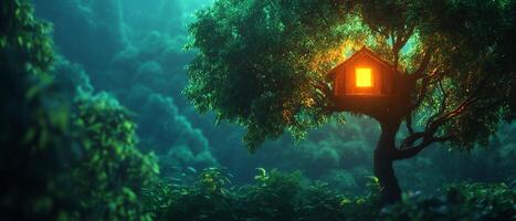 Enchanted treehouse glowing in twilight forest. photo