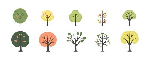 collection of hand-drawn tree and leaf designs in flat style, featuring bare branches, lush green red leaves, and everything in between. vector