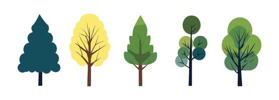collection of hand-drawn tree and leaf designs in flat style, featuring bare branches, lush green leaves, and everything in between. vector