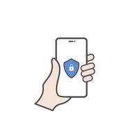 Shield padlock icon on smartphone held in hand vector