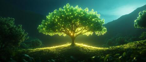Illuminated tree in serene landscape at dusk. photo