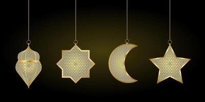 Golden islamic decorations hanging from strings vector