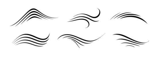 Wind motion line set. Flowing waves collection. Blowing hurricane, breeze or storm lines concept. Black swirls, curves and spirals bundle. Air movement and gust symbol pack. vector