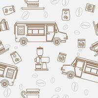 Editable Side View Mobile Coffee Van Shop With Brewing Equipment Vectorized Illustration Seamless Pattern in Outline Style for Creating Background of Cafe Related Concept Purposes vector