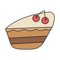 illustration of a piece of cake with cream and cherries on a white background. vector