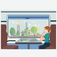 a man sitting on a train looking out the window vector