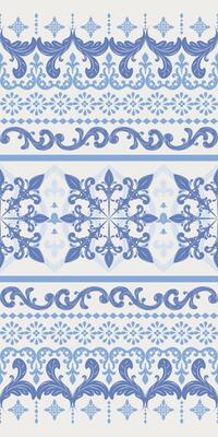 Classy Royal Blue Detailed Border Seamless Pattern on Cool Beige Background Scroll Ornament Curl Leaf Western Rich Opulence Style for Elegance Decoration Flawless Textile Silk Embroidery Lace