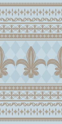 Fleur-de-lis Lily Flowers Pattern with Pale Gold on Argyle Blueish Grey Background. Ancient Qing Dynasty Color Combine Elaborate Victorian Style Seamless. Rich Ornament Border for Luxury Design