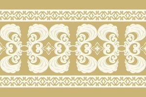 Delicate Abstract Leaves Feathers Embroidery Light Beige On Gold Background. Traditional Florals Border Ornate Scroll Pattern Seamless. Hand Draw Lace Craft Rich and Elegance Curly Heart Curly Design vector