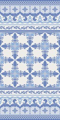 Flawless Blue Porcelain Brocade Pattern. Elegance Rich Seamless Ornament Border. Luxury Denim Cross Fler De lis Scroll Style. Bud and Leaves Nature Decoration. Opulence Lace Bohemian Gypsy Design