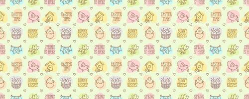 Doodle style icons and quotes seamless pattern, hand-drawn Easter theme background, spring hunt symbols and elements collection. vector