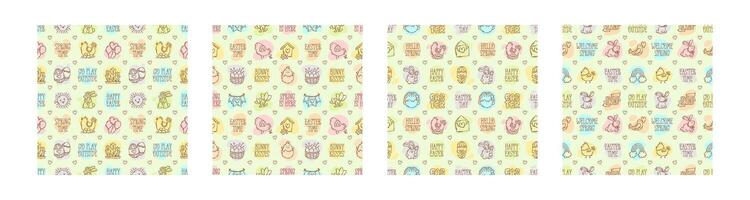 Easter doodle icons and quotes seamless patterns set, hand-drawn spring background, cute elements collection. vector