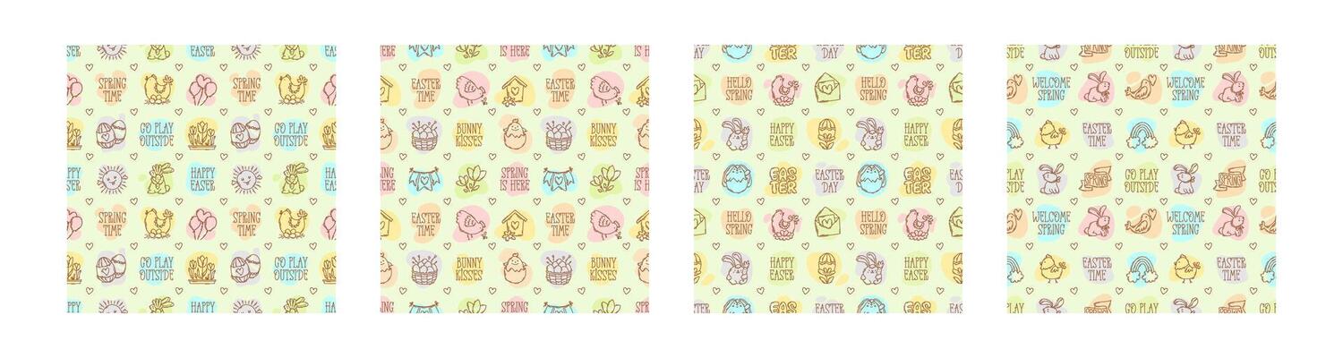 Easter doodle icons and quotes seamless patterns set, hand-drawn spring background, cute elements collection.