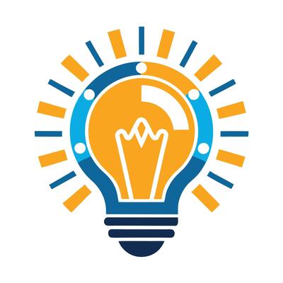 Light bulb icon, stylized sun rays, blue and orange color scheme, creativity symbol, innovation logo