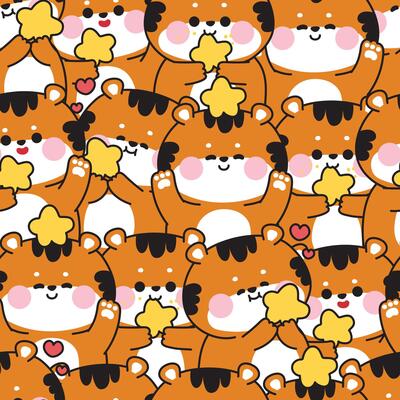 Repeat.Seamless pattern of cute tiger with star in various poses background.Night.Wild animal cartoon.Image for card,sticker,baby clothing,print screen.Kawaii.Illustration.
