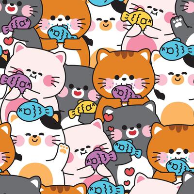 Repeat.Seamless pattern of cute cats with fish in various poses background.Meow.Kitten.Pet animal character cartoon.Image for card,sticker,baby clothing,print screen.Kawaii.Illustration.