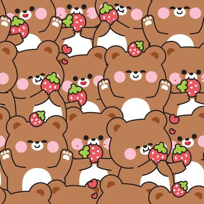 Repeat.Seamless pattern of cute teddy bear with strawberry fruit in various poses background.Wild animal character cartoon.Image for card,sticker,baby clothing,print screen.Kawaii.Illustration.
