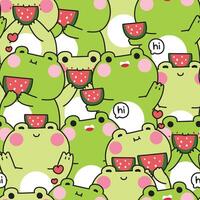 Repeat.Seamless pattern of cute frog with watermelon fruit in various poses background.Summer.Reptile animal character cartoon.Image for card,sticker,baby clothing,print screen.Kawaii. vector