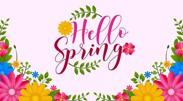 Cute Hello Spring card background or poster for spring holidays with floral and leaf elements vector