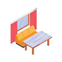 A modern living room setup with a sofa, window, and table. vector