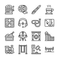 A collection of simple, colorful, outline icons representing various leisure activities.,. vector