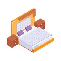 Comfortable double bed with side tables, stylish and modern design. vector