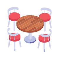 Get this amazing isometric icon of a round wooden table with four red chairs vector