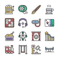 A collection of simple, colorful, outline icons representing various leisure activities. vector