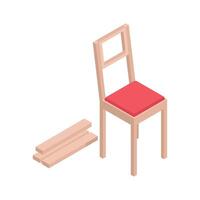 An isometric icon of a wooden chair with a red cushion. vector